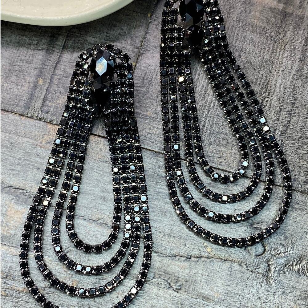 NEW Black Rhinestone Drop Earrings - Picture 4 of 15